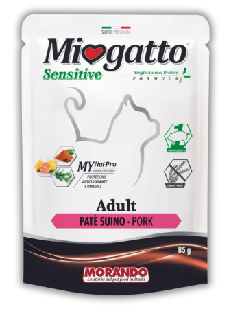 Монопротеиновые беззерновые консервы для кошек Morando MioGatto Sensitive Monoprotein, прошутто 85 г