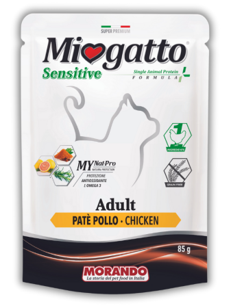 Монопротеиновые беззерновые консервы для кошек Morando MioGatto Sensitive Monoprotein, курица 85 г