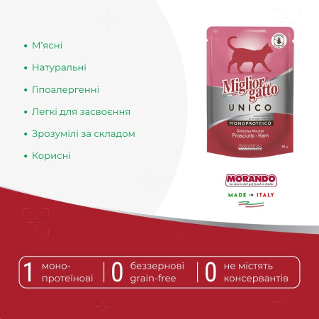 Влажный корм для кошек Morando Migliorgatto UNICO мусс с прошутто 85 г